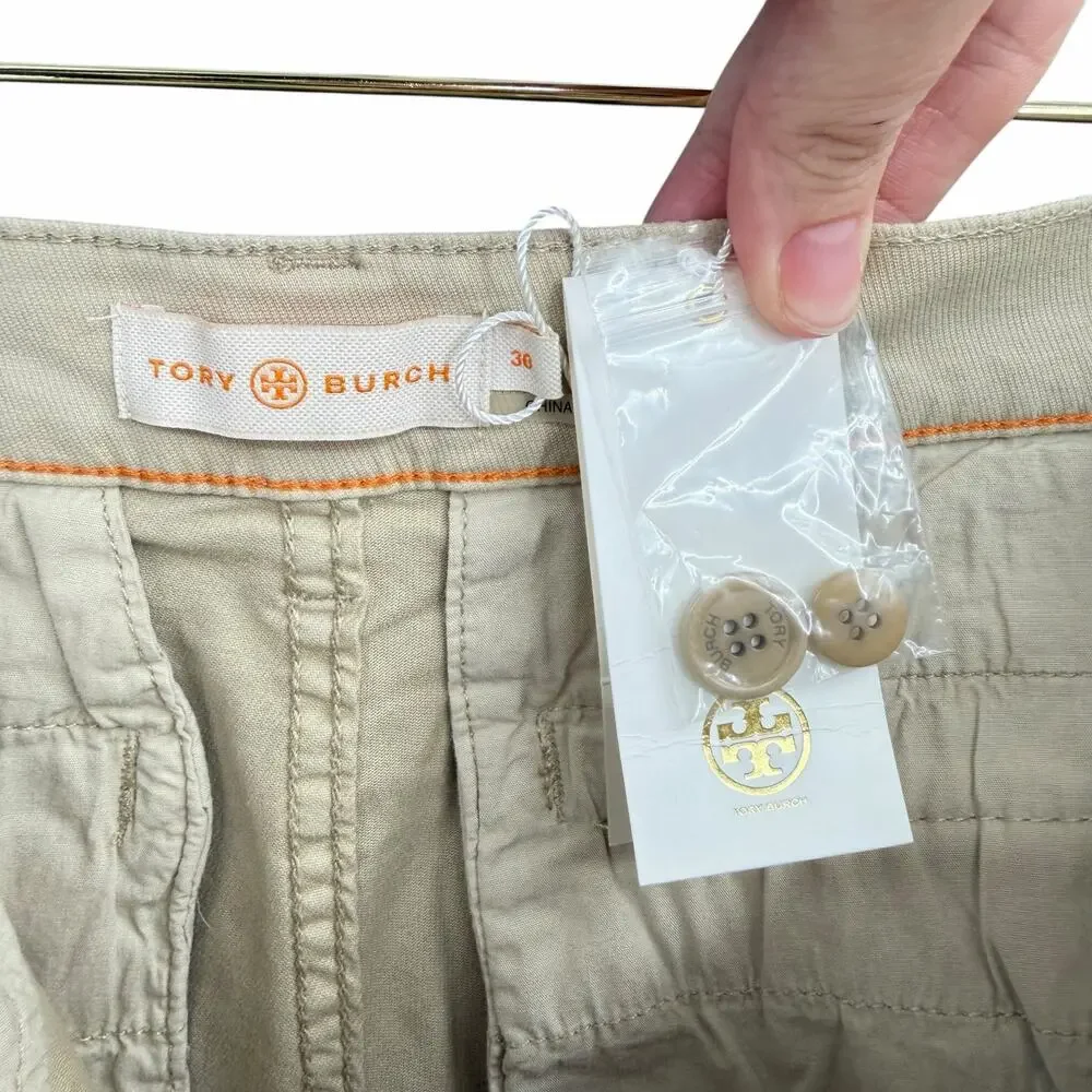 Tory Burch NWT Khaki Mid Rise Rolled Tight Fit Cotton Chino Shorts